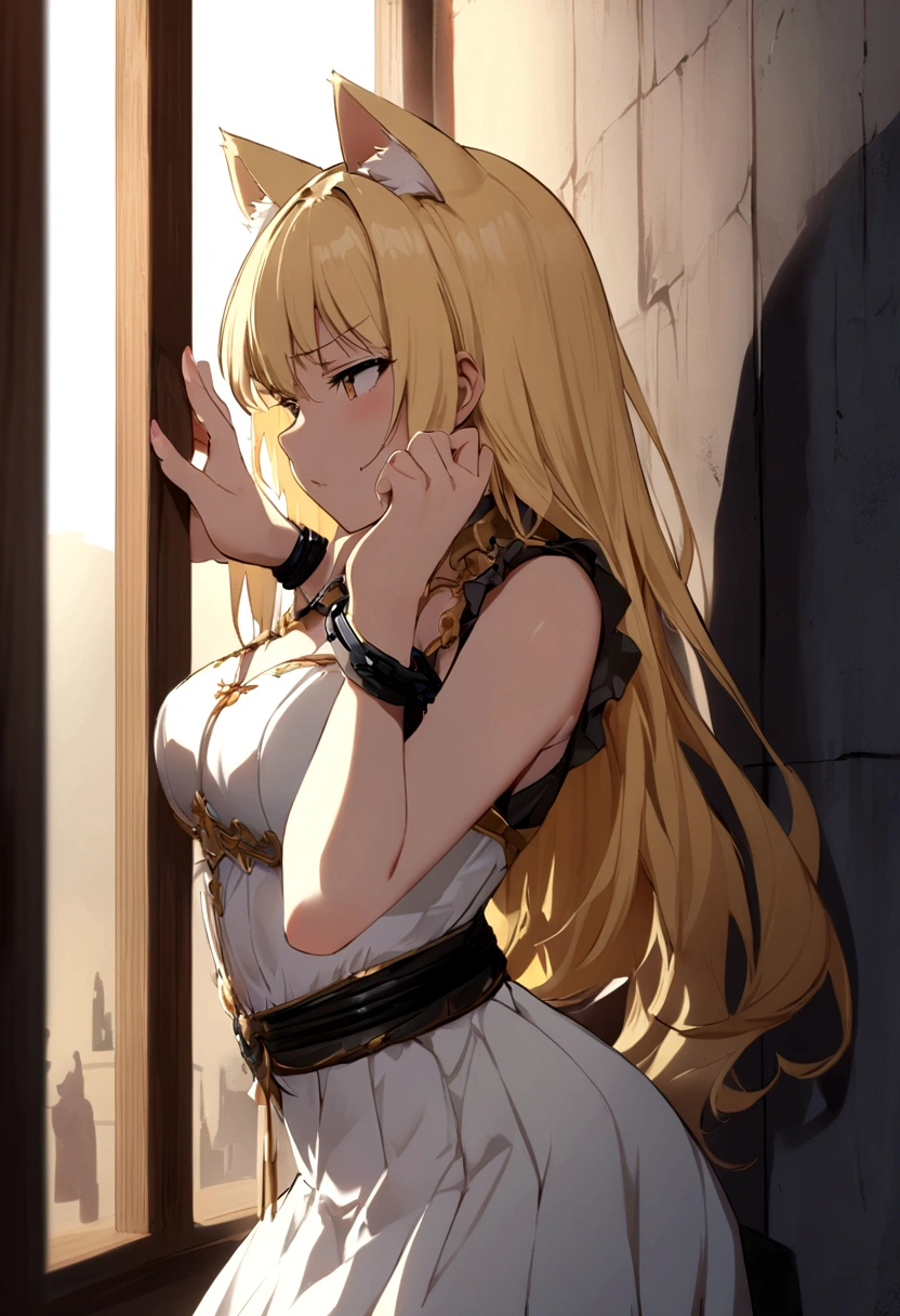 girl anime style short white and gold skirt seductive pose medium sized breasts blonde long hair flushed cheeks cat ears chained to a wall