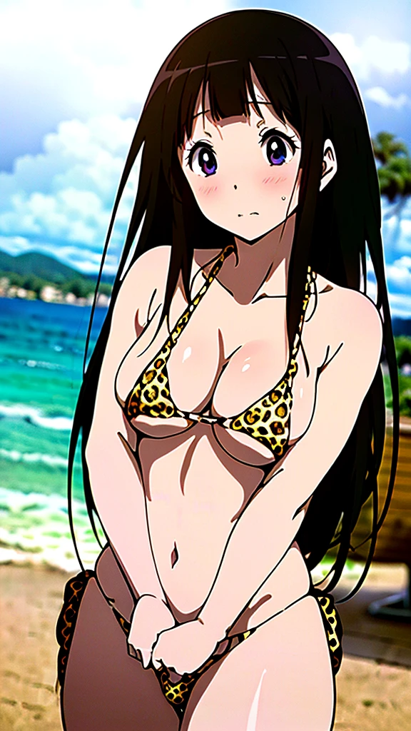(masterpiece, 4K, Highest quality, anime style: 1.9, Detailed face, Lovely, Ocean,Bold, High resolution, anime, Lake 4. alone, Curvaceous, slim,, Center of chest, Embarrassed face,非常にslimなお腹, Cowboy Shot,(((Leopard print micro bikini))),1 Girl,Black Hair, Long Hair, chitanda eru,blush,((White skin)),Looking into the camera