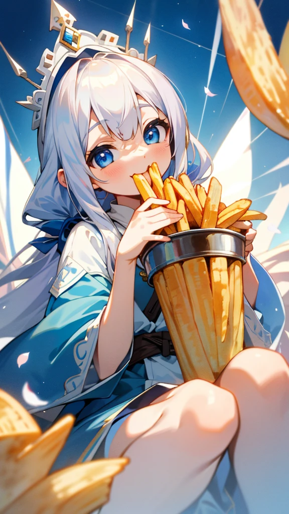 （Highest quality，masterpiece，Surreal），Silver Hair、Long Hair、Beautiful Blue Eyes、smile、Wearing a peasant tunic、Eating French Fries、Beautiful and delicate girl portrait，Playful and cute，Background Petals fluttering，