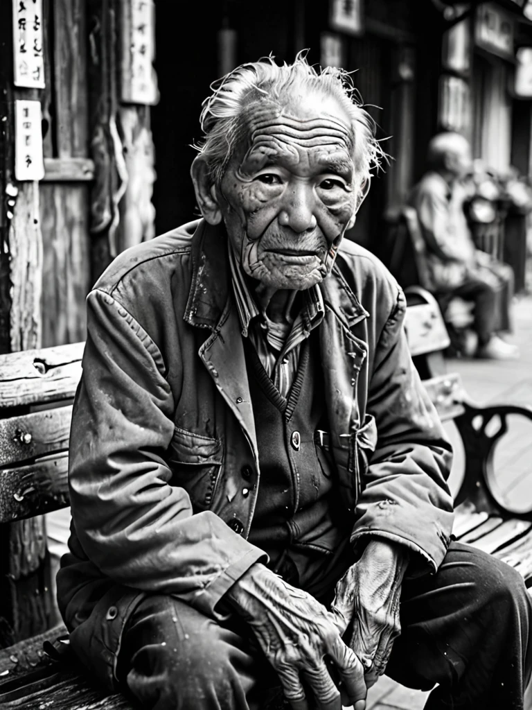 elder, Weathered by time and hardship, Sitting on a dilapidated bench in a city backstreet, His face carries the story of a lifetime. キヤノンEOS 5D Mark IVカメラとキヤノンEF 24-70mm f/2.His life at 8々Capturing True Humanity/2.8L II USM Lens. Set the aperture to F/4, ISO~800, Use natural light for authenticity. Aim for roughness, A black and white depiction of life's harsh realities. Achieve an output resolution of 6720 x 4480 pixels、Preserves every detail.