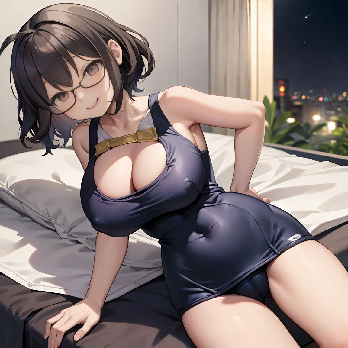 8k、masterpiece、Japanese、Woman wearing glasses、anise、from the front、smile、Childish、Big Breasts、Sheer School Swimsuit、night、Bedroom、Move the cloth between your legs to show