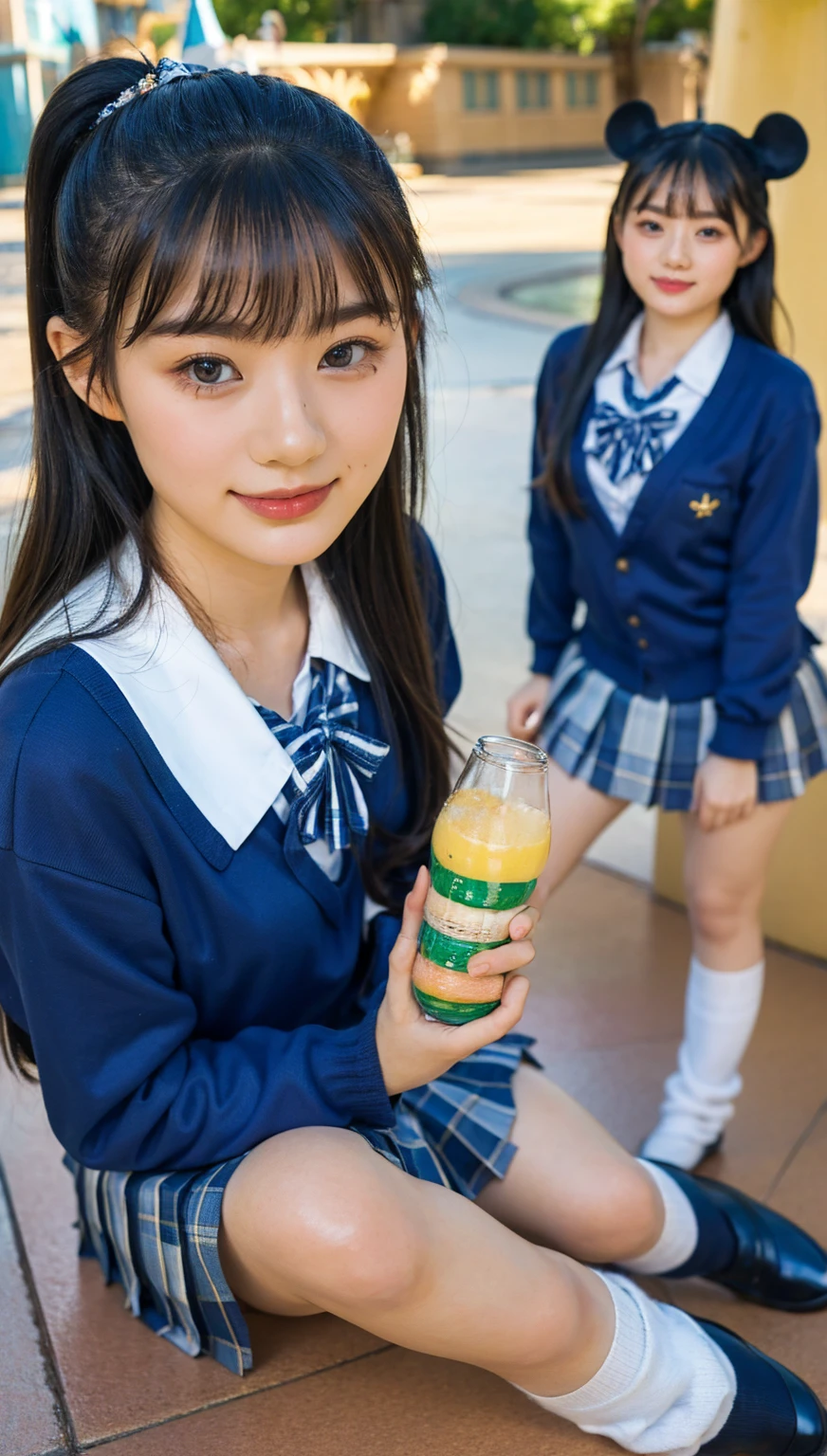 (photorealistic:1.4), best quality, masterpiece, raw 32k photo, (extremely detailed japanese beautiful girl), (extremely detailed eyes:1.2),(baby face), (cute face:1.2), ultra-detailed, ultra high res, amazing, BREAK,sitting,
(school uniform:1.5),detailed school girl, (disneyland:1.3), beautiful detailed girl, bangs, cute face, miniskirt