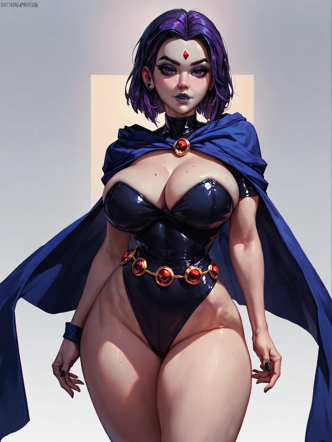 score_9, score_8_up, score_7_up, score_6_up, score_5_up, score_4_up, score_9, medium shot, torso shot, portrait of seductive voluptuous Goth raven form teen titans, focus on breasts, perfect hands, perfect fingers, rating_safe