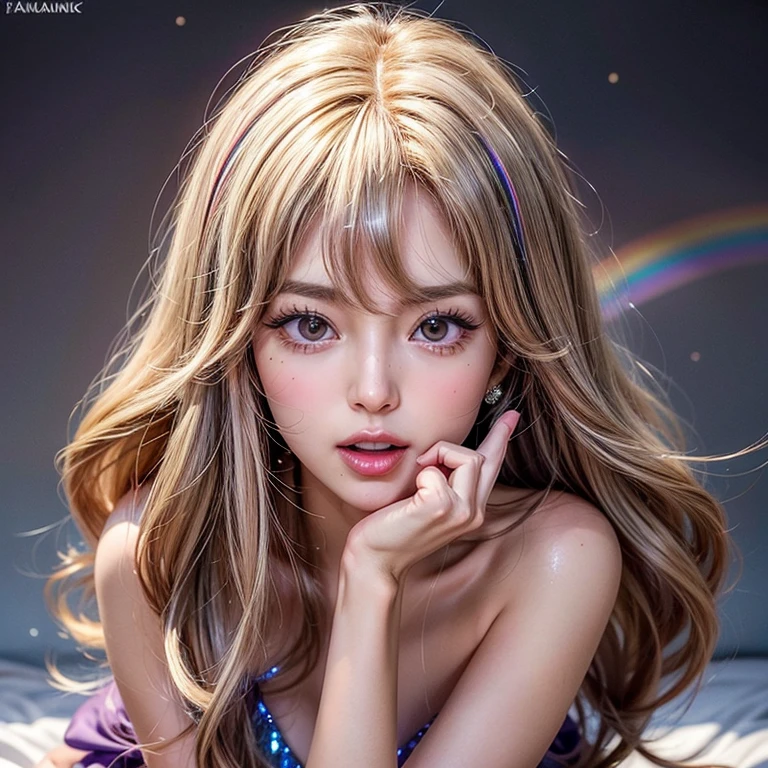 NSFW, 8k, High-level, absurd, masterpiece, best quality, primitive, very detailed CG, very detailed wallpaper, perfect lighting, Extremely detailed (((The personifying " Farrah Fawcett Majors " as a ))), MysticSight, Tyndall effect, Tyndall scattering, Studio gray background with (many Dazzling RainbowColor particles BokeH:1.28), (RoundlyButts, ThighGap), (Exposed:0.4), (Assfocus with looking ahead), BREAK (NOGIZAKA face variations) Extremely Detailed very KAWAII face variations, perfect anatomy, Childish, captivating gaze, elaborate detailed Eyes with (sparkling highlights:1.28), long eyelashes、Glossy RED Lips with beautiful details, Coquettish tongue, Rosy cheeks, Radiant PearlSkin with clear transparency . { (Dynamic LifeLike expressions:1.4) | :d) }, (large eyes:-1) .