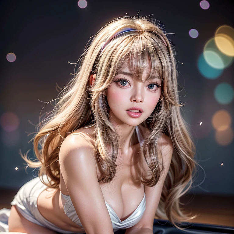 NSFW, 8k, High-level, absurd, masterpiece, best quality, primitive, very detailed CG, very detailed wallpaper, perfect lighting, Extremely detailed (((The personifying " Farrah Fawcett Majors " as a  Girl))), MysticSight, Tyndall effect, Tyndall scattering, Studio gray background with (many Dazzling RainbowColor particles BokeH:1.28), (RoundlyButts, ThighGap), (Exposed:0.4), (Assfocus with looking ahead), BREAK (NOGIZAKA face variations) Extremely Detailed very KAWAII face variations, perfect anatomy, Childish, captivating gaze, elaborate detailed Eyes with (sparkling highlights:1.28), long eyelashes、Glossy RED Lips with beautiful details, Coquettish tongue, Rosy cheeks, Radiant PearlSkin with clear transparency . { (Dynamic LifeLike expressions:1.4) | :d) }, (large eyes:-1) .