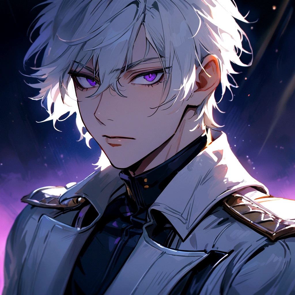 High quality, HD, 4k, handsome male, 1male, 17 years old, teenager, golden lining, short white hair, sharp eyes, dark purple eyes, deep purple eyes, devil may cry, close up, calm expression, stoic expression, black leather clothes, white leather clothing, lean body, upper body, looking at viewer, cowboy shot, white solar, space background