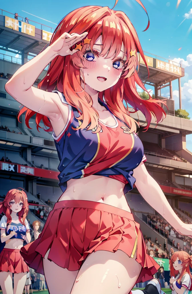 Very cute and beautiful cheerleader girl,(Very exquisite beautiful face and eyes:1.2),(Holding a pom-pom:1.2),(Laugh together),((Big Breasts))、((Sweating all over the body))
(Stadium Stand),Cowboy Shot,Dynamic pose,zettai ryouiki,(Orange sleeveless shirt),Beautiful legs,Skirt flip,White panties,Dynamic Angle,Redhead、Yellow headband、
(Highest quality,masterpiece:1.2),Intricate details,Very detailed,High resolution,1 Girl,Looking at the audience,
Natural light,Hair blowing in the wind,Beautifully detailed skies,