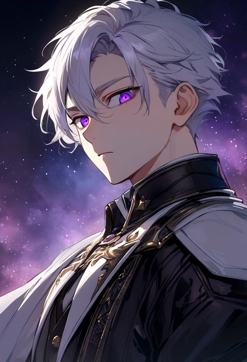 High quality, HD, 4k, handsome male, 1male, 17 years old, teenager, golden lining, short white hair, sharp eyes, dark purple eyes, deep purple eyes, devil may cry, close up, calm expression, stoic expression, black leather clothes, white leather clothing, lean body, upper body, looking at viewer, cowboy shot, white solar, space background