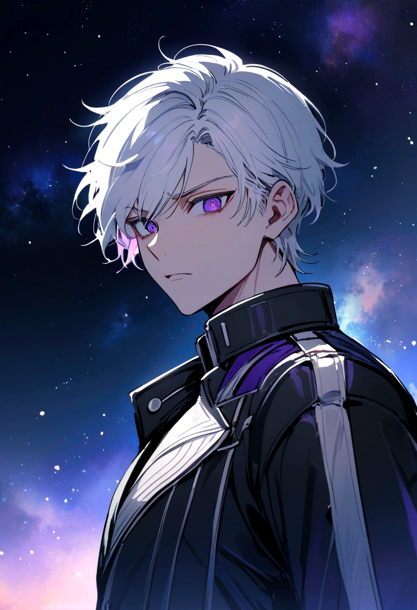 High quality, HD, 4k, handsome male, 1male, , teenager, golden lining, short white hair, sharp eyes, dark purple eyes, deep purple eyes, devil may cry, close up, calm expression, stoic expression, black leather clothes, white leather clothing, lean body, upper body, looking at viewer, cowboy shot, white solar, space background