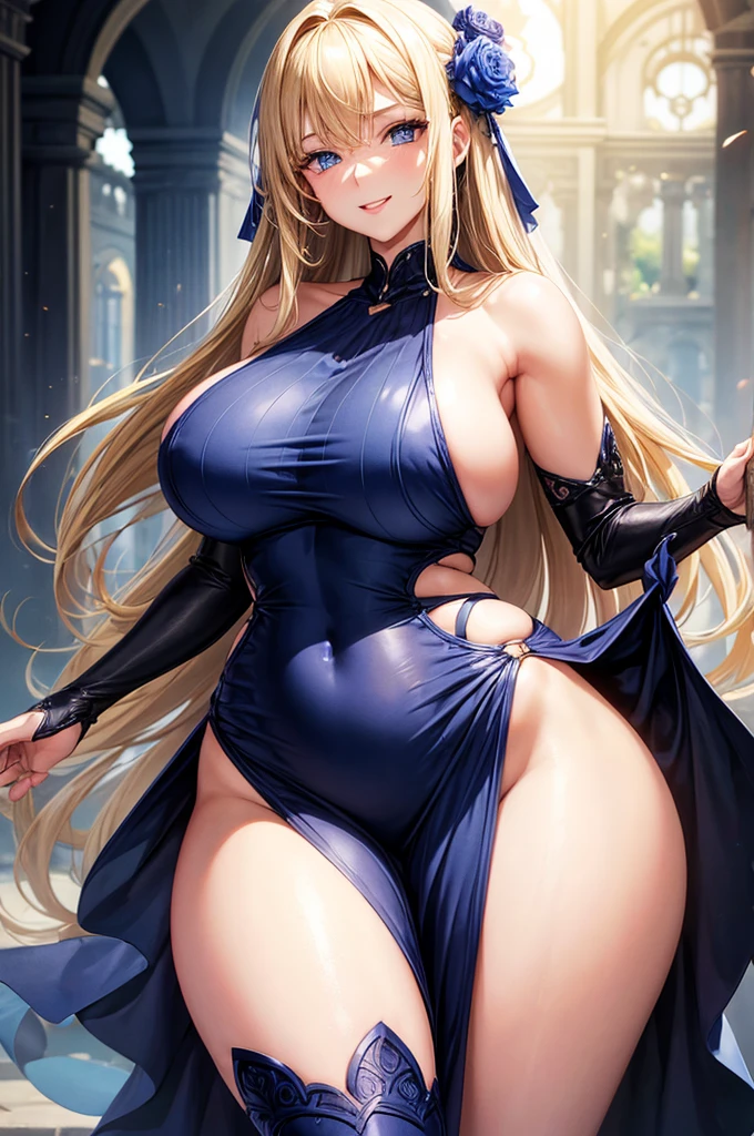 1 mature girl, beautiful face, blue eyes, straight hair, long hair, no bangs, blonde hair, sexy body, hourglass body, curvaceous, huge breasts, big breasts, thick thighs, thick ass, dress, tight dress, open dress, seductive smile