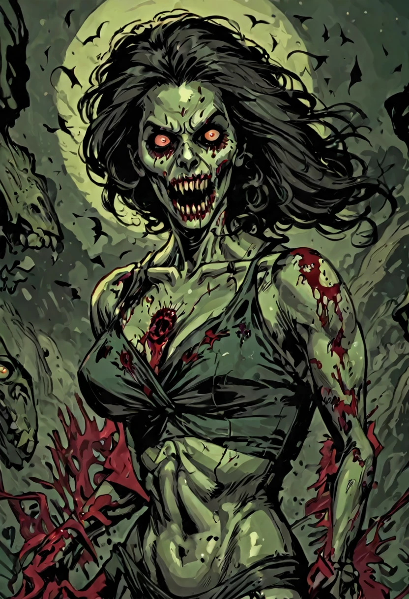 espeluznante, horror, hermosa mujer zombi, sangriento, estilo vectorial