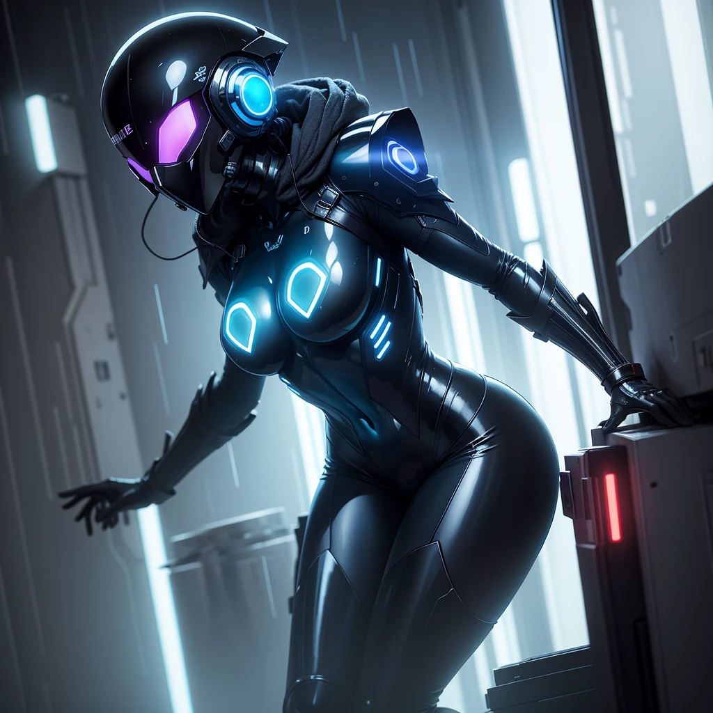(masterpiece), (best quality), (high res) Solo, (perfect anatomy) Dronificated unknown woman, (fully enclosed black latex fullbody suit), (blue lights across the suit), (heart shaped glowing core in the chest), (fully enclosed cyber helmet) that cover her whole face and hides her identity with only two glowing blue lines in it's otherwise, empty black face, huge breast, narrow waist, wide hips and thick thighs, in a futuristic city, (neon lights), (rain), (night) no face, no hair, no mouth, no eyes