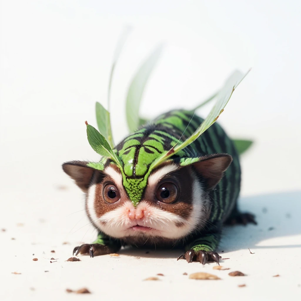 Small Animaly, glow Reds eyes, (his eyes gave off light), has blues stripes on his skin, his body is shaped like a pufferfish but his face is like a grasshopper, Grassroots background, has beard 