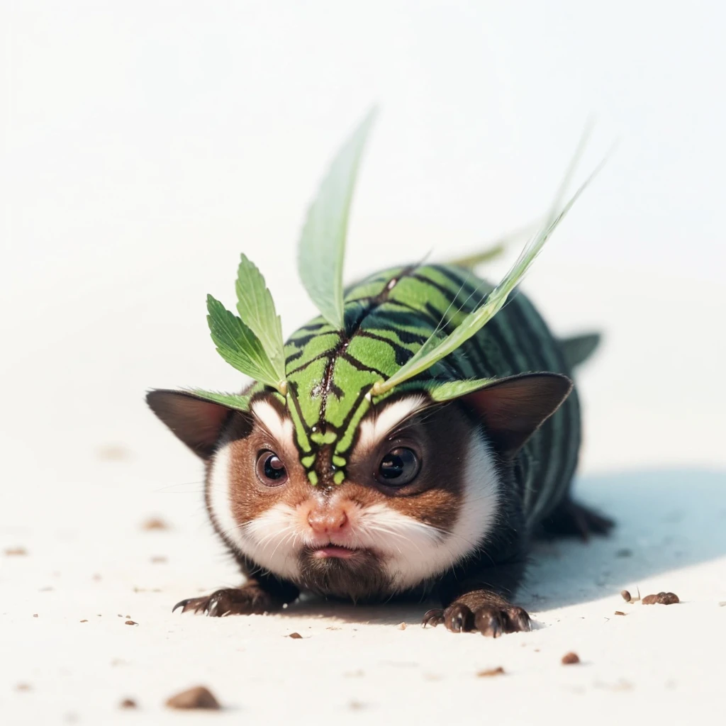 Small Animaly, glow Reds eyes, (his eyes gave off light), has blues stripes on his skin, his body is shaped like a pufferfish but his face is like a grasshopper, Grassroots background, has beard 