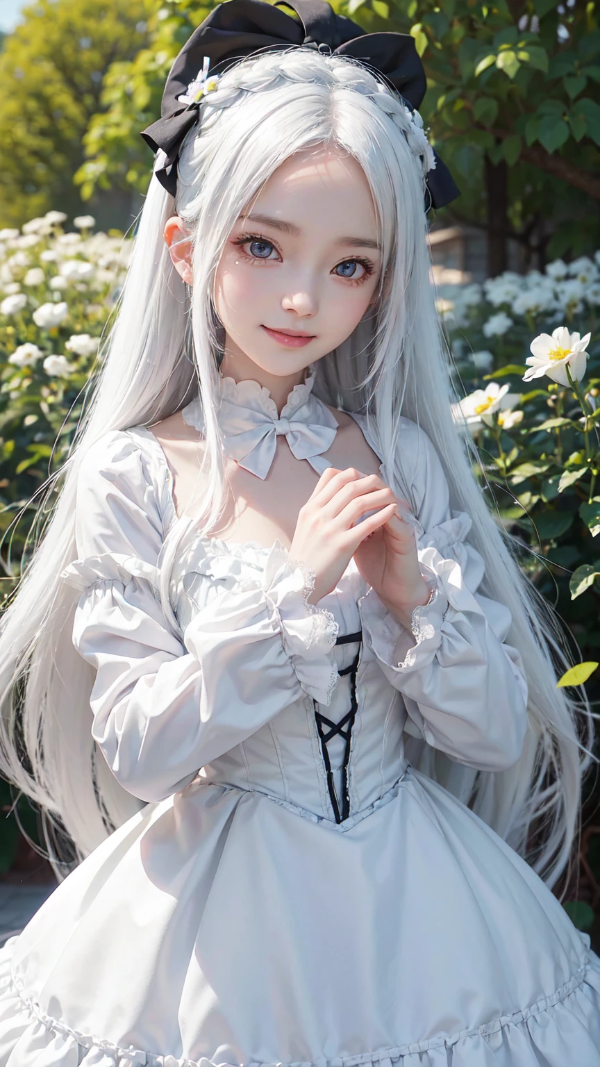 anime girl,cute,beautiful, Clear face,full face,long white hair,Fine, beautiful hair,Big eyes, sharp eyes,smile a little,movie light,UHD,120,000,black lolita dress,high definition,The images are very detailed..white balance,blurred background,garden