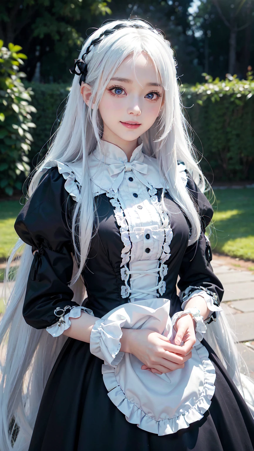 anime girl,cute,beautiful, Clear face,full face,long white hair,Fine, beautiful hair,Big eyes, sharp eyes,smile a little,movie light,UHD,120,000,black lolita dress,high definition,The images are very detailed..white balance,blurred background,garden