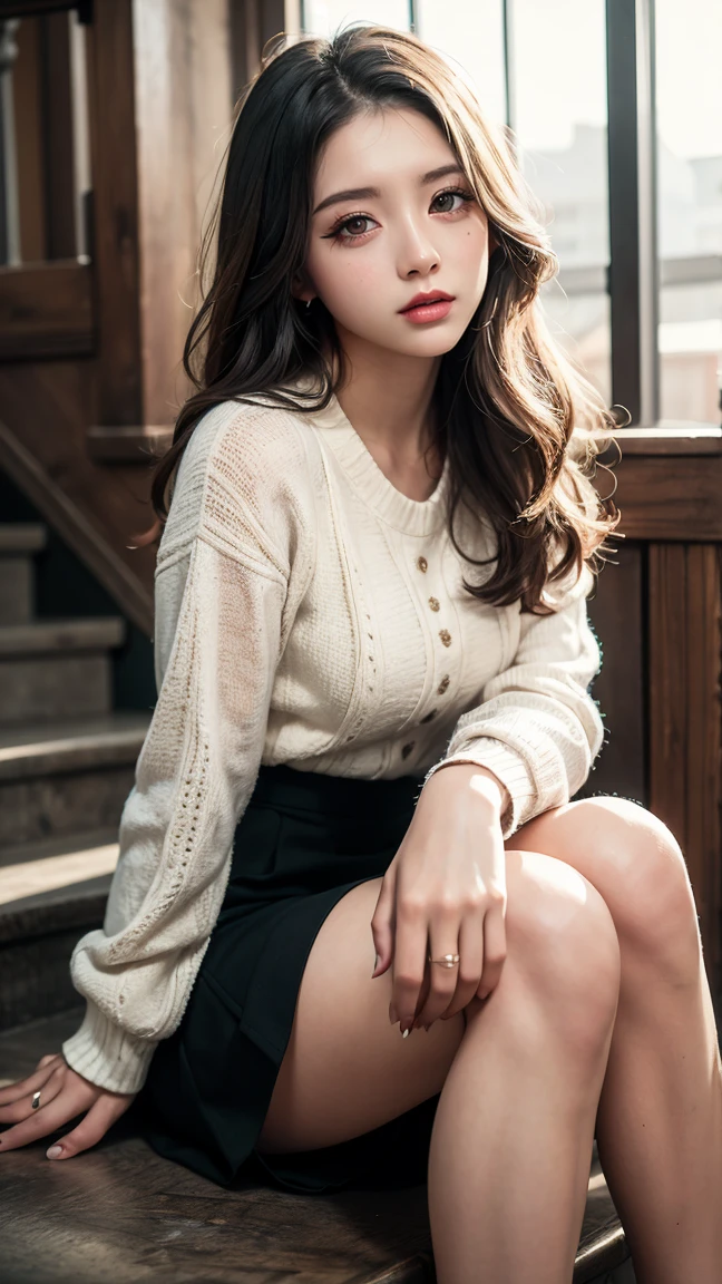 a girl sitting on stairs, lifting her skirt, detailed eyes, detailed lips, beautiful face, long eyelashes, photo-realistic, 8k, high quality, detailed skin texture, intricate fabric details, warm lighting, soft focus, cinematic composition, elegant aesthetic