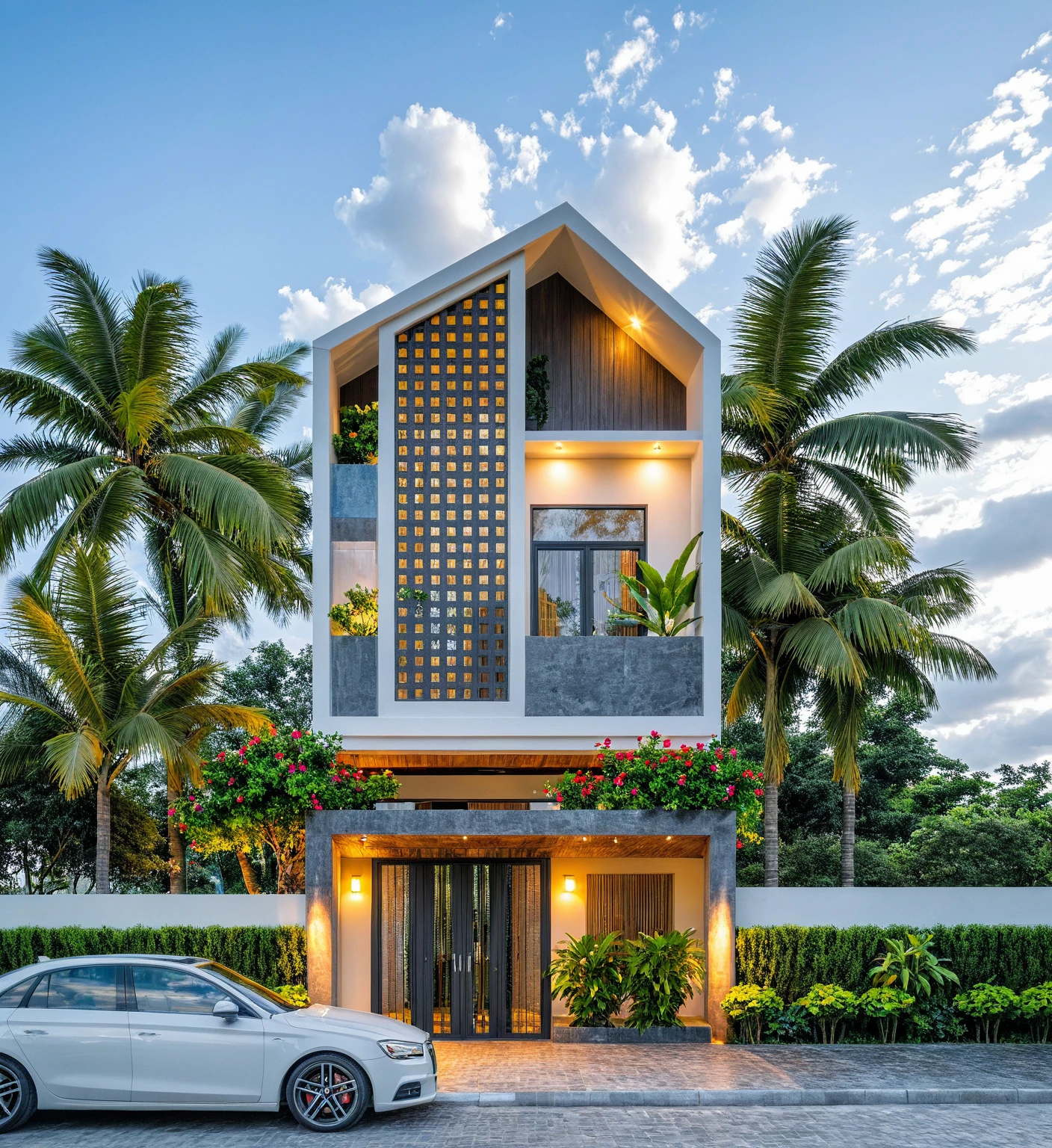 Masterpiece, high quality, best quality, authentic, super detailed, outdoor, aiaigroup, modern 2-storey townhouse style, stairs, white walls combined with conwood, wind encaustic tiles, iron gate, ceiling conwood, flowers, path, summer evening, grass, trees, sky, clouds, (daylight: 1.1)
