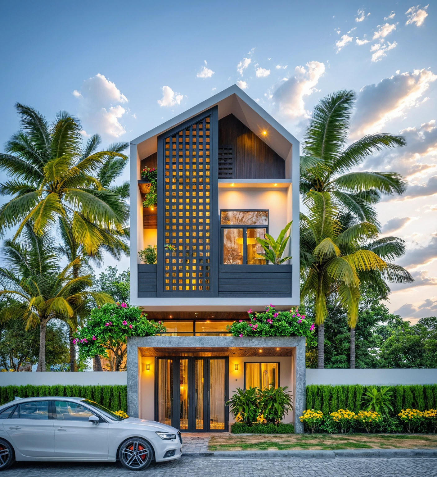 Masterpiece, high quality, best quality, authentic, super detailed, outdoor, aiaigroup, modern 2-storey townhouse style, stairs, white walls combined with conwood, wind encaustic tiles, iron gate, ceiling conwood, flowers, path, summer evening, grass, trees, sky, clouds, (daylight: 1.1)