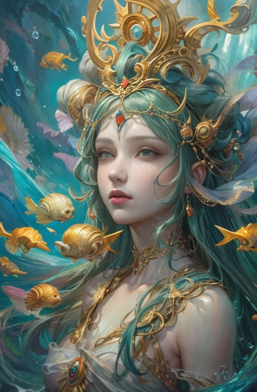 Colorful fantasy art,Adorable,Goddess of the Sea,Beautiful big eyes,Tethys, Goddess of the Sea, Guardian of the seas, sacred , 4K Fantasy Art,Fantasy art style, 2. 5D CGI Anime Fantasy Artwork, epic Fantasy art style hd, Epic fantasy digital art style, Detailed fantasy art, Detailed digital 2D fantasy art, Luan Jia and Artgerm, 8k fantasy art, Cinematic,Great background, Abstract Beauty,stand, Approaching perfection, Pure Form, Golden Ratio, Minimal, unfinished, Concept Art, By Brian Froud、Karn Griffiths、What a bone、John William Waterhouse, Intricate details, 8K Post-Production, High resolution, Hyper Detail, Art Station Trends, Studio shot, Intricate details, Extremely delicate and detailed painting style, Beautiful painting art, Greg Rutkowski, close, Female Solo, The most beautiful form of chaos, elegant, Fauvist design, Bright colors, colorful, Romanticism, 海のBubble, Bubble, Shellfish, shell, fish, pearl