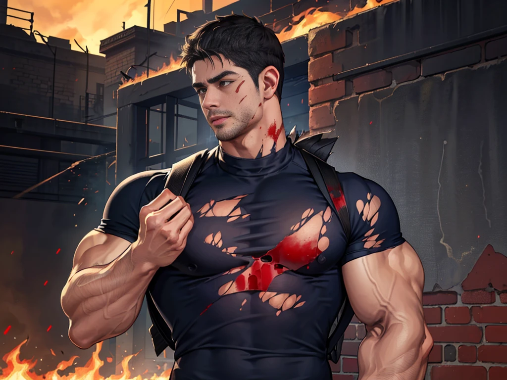 (Create a masterpiece: 1.2),(CGI art:1.3),(realistic:1.5),(After processing:1.3),(Sharp focus:1.3), (man Fight, join in battle:1.5 ), straight, front ,Chris Redfield ,(black hair), smile open mouth, (Wear color navy round neck T-shirt: 1.5), (with a Police badge: 1.2), navy cargo, (Torn shirt:1.6), (wound: 1.3) , (blood splatters) ,( abrasions on face: 1.5), (Blood stains on the face and body: 1.4), Korean guy , korean men, (High gloss details), chest muscles, large arm muscles, blood vessel, Big muscles, Broad shoulders, looking at the audience, Balancing the eyes, middle of the road , (Carrying a black backpack: 1.3) ,(Fire blazes behind)