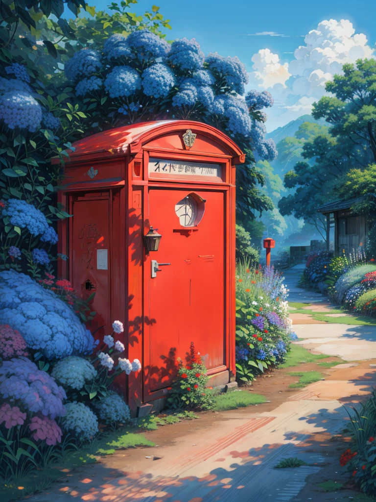 a painting of a red post box roadside surrounded by blue flowers, trees, plants, greenery, multicolored flowers, dirt road, letterbox, ghibli studio art, blue wall, studio ghibli environment, by Shin Yun-bok, hydrangea, postage, wall ], postapo, blue flowers, ghibli studio style, studio ghiblil, phthalo blue, by Kaii Higashiyama, detailed key anime art, illustation, a beautiful artwork illustration, beautiful digital painting, highly detailed digital painting, beautiful digital artwork, detailed painting 4 k, very detailed digital painting, rich picturesque colors, gorgeous digital painting