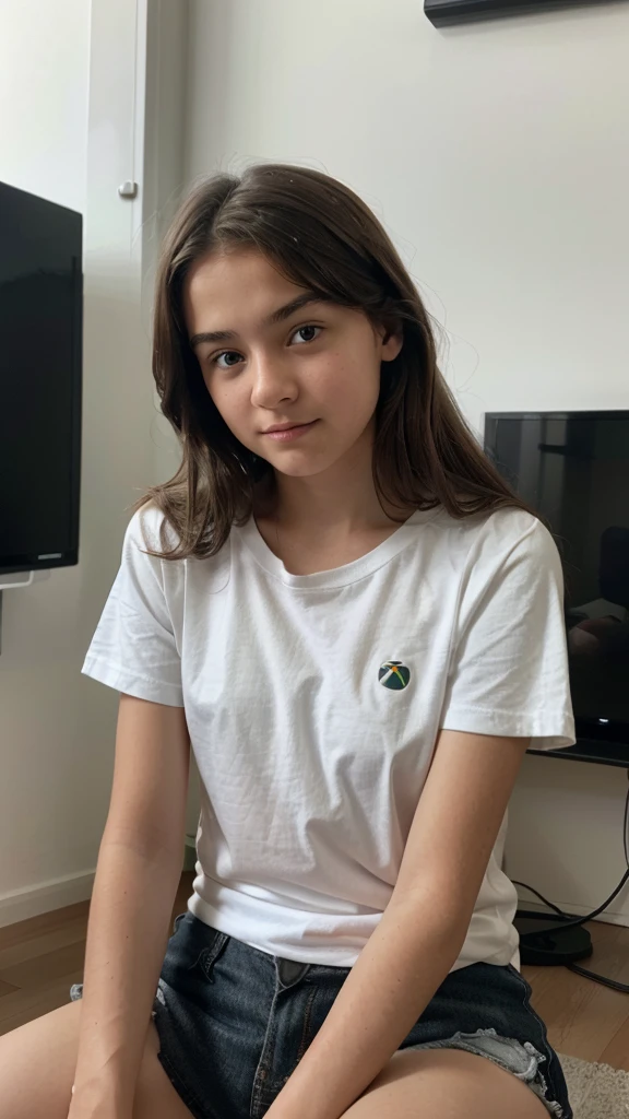A -yeld sing in front of the xbox with a white T-shirt in the children's room The T-shirt has a large hole in the chest area