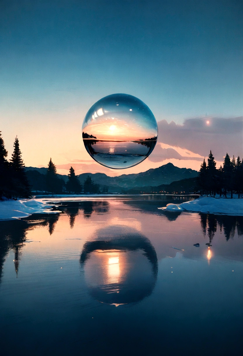 (A glass sphere depicting a soft winter sky over a frozen lake:1.2), (Silk glass sphere 1.1), Landscape Photography, Unsplash, Extremely detailed, High detail, Analog Film, Analog Lighting, nature光, 4k photos, 8k photos, ハイパーrealism, Impressionism, Romanticism, Conceptual Art, Surrealism, realism, Cinema Lighting, Shine, Shine光, God's Rays, Ray Tracing, reflected light, bloom, Film Grain, Optical illusion, Lens flare, Caustics, Exposure, Bokeh, 超High resolution, masterpiece, Super detailed, Attention to detail, high quality, Awards, 最high quality, High resolution, 16k, 8k, 4K, nature