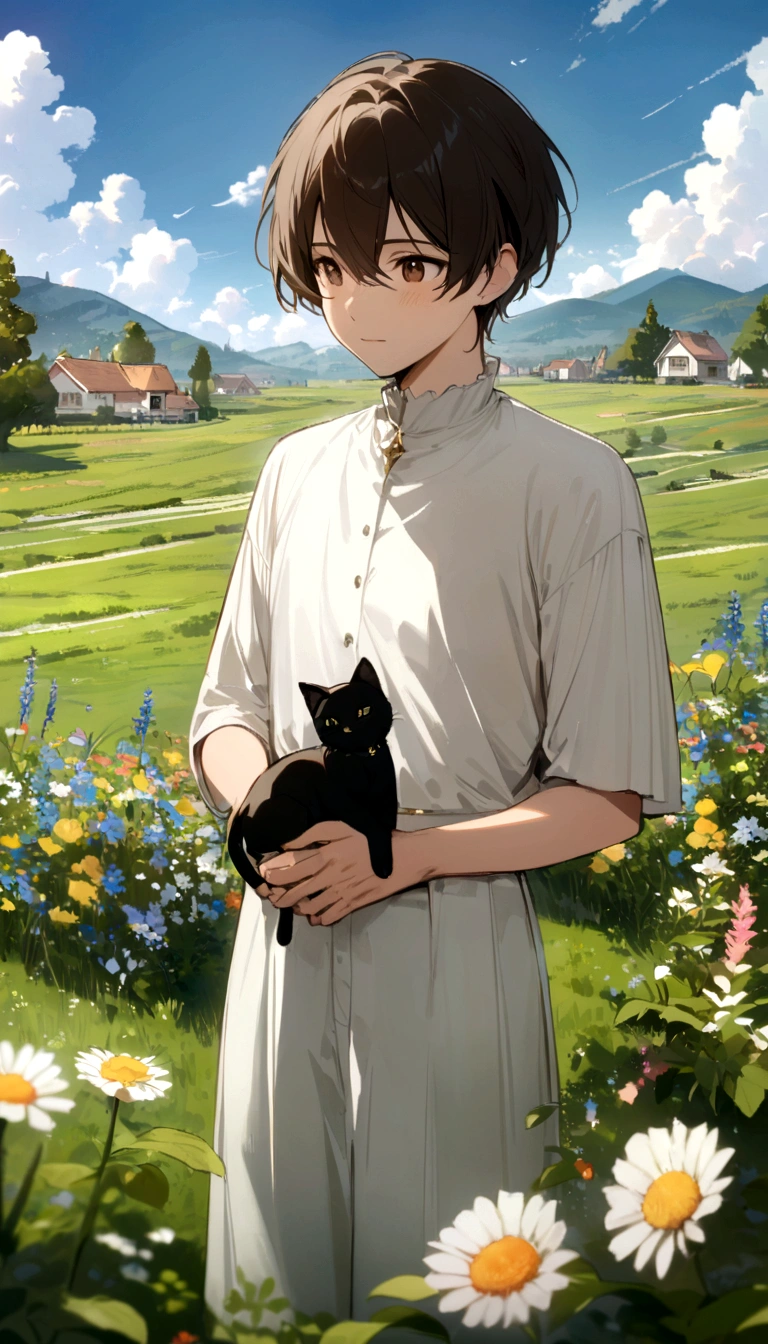 Peaceful world scenery, Wildflowers, wood, The sun shines in the blue sky, Some houses and fields in the background, In the distance, A young man with short dark brown hair and light-colored clothing、Looking at the scenery with a black cat。, masterpiece, high quality, In a gentle garden landscape style.