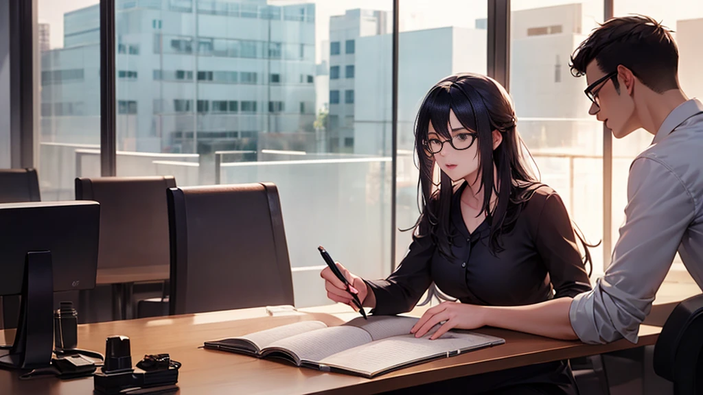 A beautiful female college student, By the window, large size screen, video on the screen, high rise cafe, detailed café, window leading to white desk, high place, overlooking, notebook, holding a pen and a mug in hand, glasses, black hair, midsummer loungewear, ((flank skin)), intellectual atmosphere, lighting, knowledge, scholarship, study tools, enthusiasm, calm environment, enthusiasm, immersion, inquisitiveness, research, concentration, sense of accomplishment, cinematic lighting, Sony FE GM, masterpiece, top quality, 4K, academic atmosphere, (masterpiece), (best quality), ultra-high res, sharp focus, beautiful detailed hair