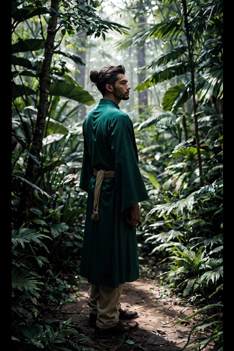 shot by Sony a7 IV Mirrorless Camera, natural light, analog film photo, Kodachrome ,A young man with his hair tied back in a loose bun stands amidst the dark, dense foliage of an ancient forest. In his hands, he holds a bouquet of black flowers, their somber hues blending with the shadows that surround him. He is clad in a flowing green wizard's robe, its emerald tones adding a touch of mystique to his enigmatic presence