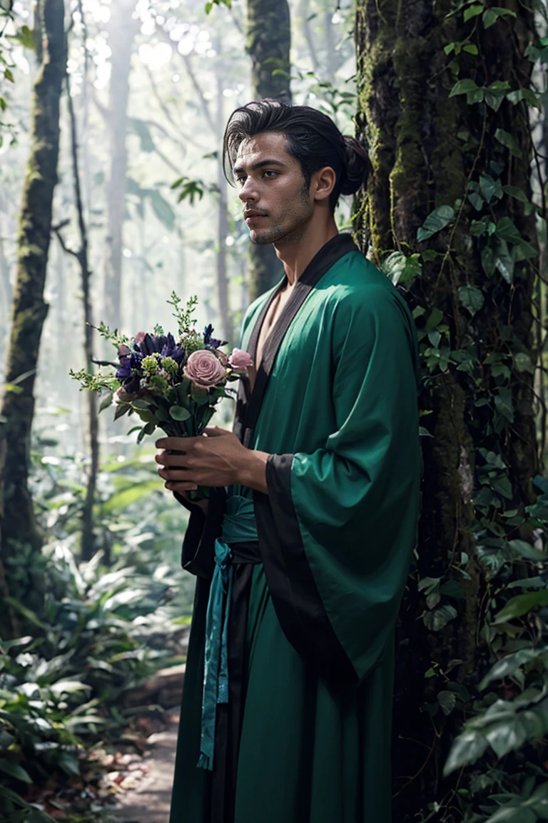 shot by Sony a7 IV Mirrorless Camera, natural light, analog film photo, Kodachrome ,A young man with his hair tied back in a loose bun stands amidst the dark, dense foliage of an ancient forest. In his hands, he holds a bouquet of black flowers, their somber hues blending with the shadows that surround him. He is clad in a flowing green wizard's robe, its emerald tones adding a touch of mystique to his enigmatic presence