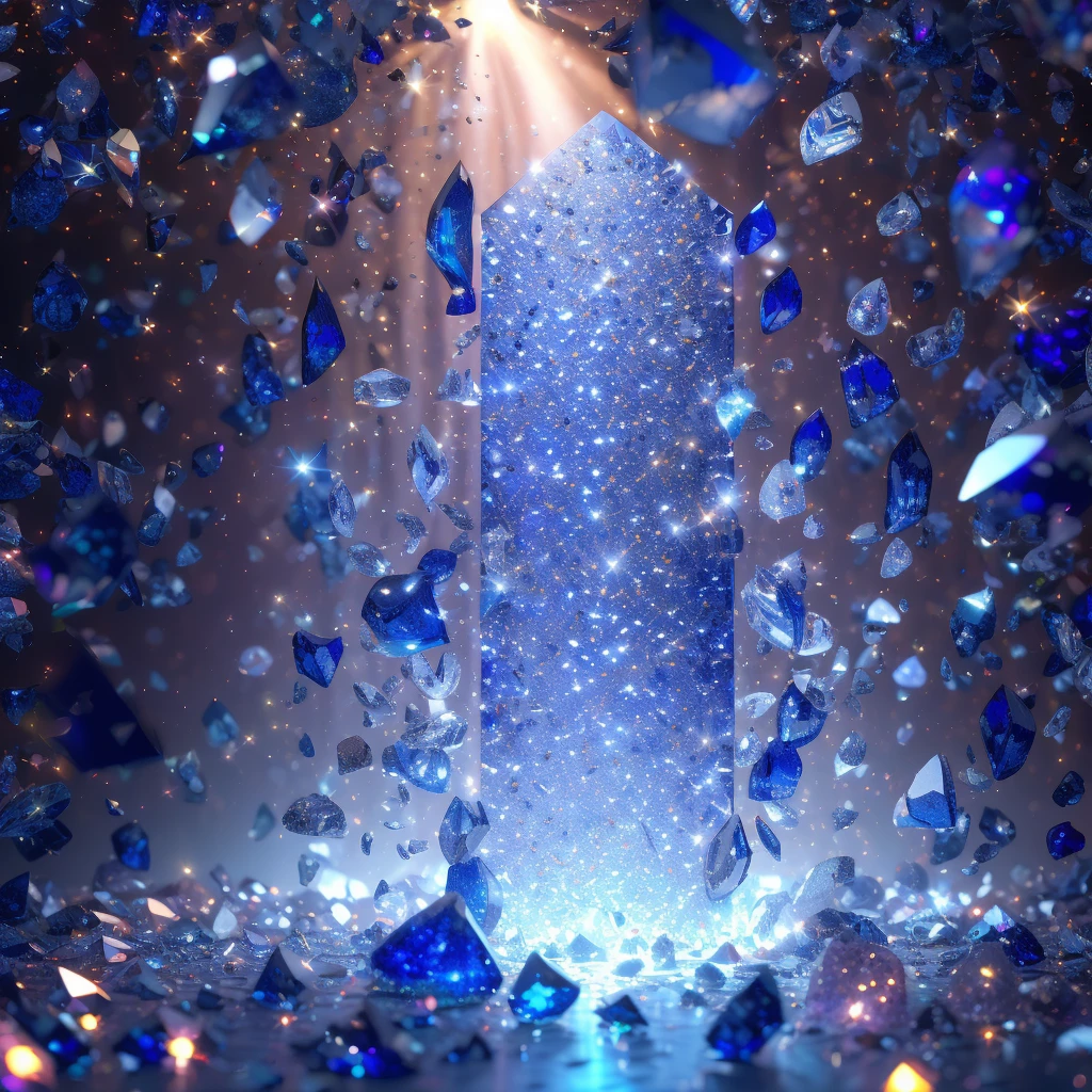 masterpiece, high quality,sapphire, Clean Background Booth, Scattered crystals, Very flashy, Crystal Clear, Emits colorful light, Star Powder, Center Configuration, Split Lighting, Creative Background Design, Front view, Surreal Scene, Natural rendering, Fantasy