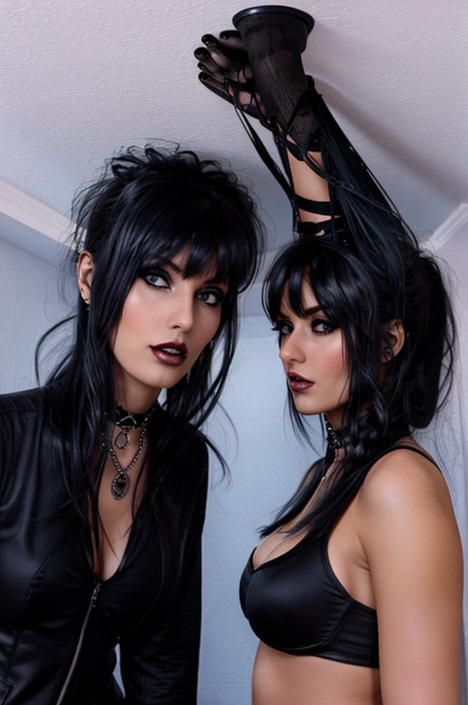 too tall, giant goth goddess, she cant fit in a room, she had her head against the celling so she nee to band over to be able to fit in the room