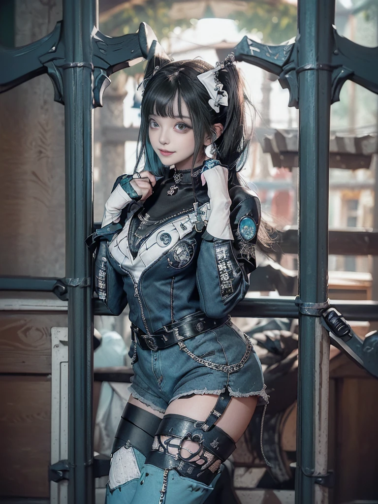(Full body:1.5)、(Full Body View:1.5)、(Side view:1.3)、(Smiling with teeth showing:1.3),(Shibuya Gal:1.5)、(Maid café clerk:1.5)、(Punk RockVisual Kei:1.4)、(Turquoise, navy and denim medieval noble zip up:1.5)、(Navy and white arm covers and bugle pants:1.5)、(Blue high heels:1.3)、(Wearing silver accessories:1.5)、(Dark brown collar:1.4)、(Leather garter belt:1.4)、(Brown Skin Belt:1.3)、(Black lace underwear:1.5)、20-year-old、NSFW、((Highest quality、In 8K、masterpiece:1.3))、Sharp focus:1.2、(Layered Cut、Huge boobs:1.1),Beautiful woman with perfect figure:1.4、(Doing an aerobics pose:1.3)、Slender Abs:1.2、Highly detailed face and skin texture、Detailed eyes、double eyelid,(Twin tails:1.3)、(Black Hair:1.3)、Gravure idol、(A fairytale-like cafe with a lush tree background:1.3)、(Slim body:1.3),(Make your legs thinner:1.4),(Thin, thin thighs:1.3)、(clavicle:1.1)