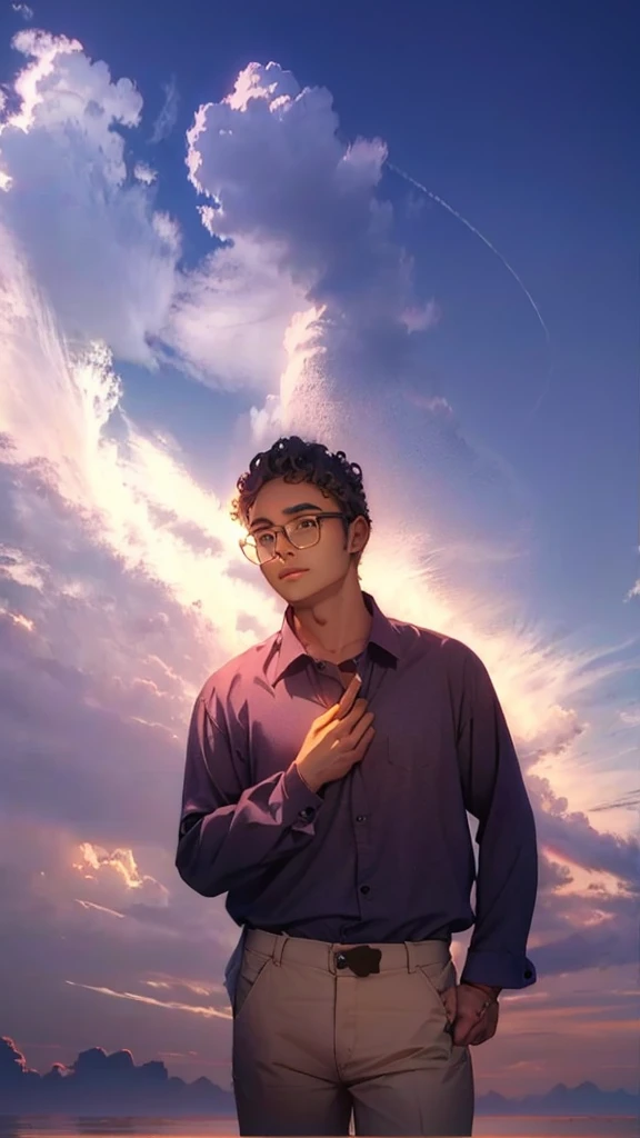 man, glasses, curly hair, purple shirt