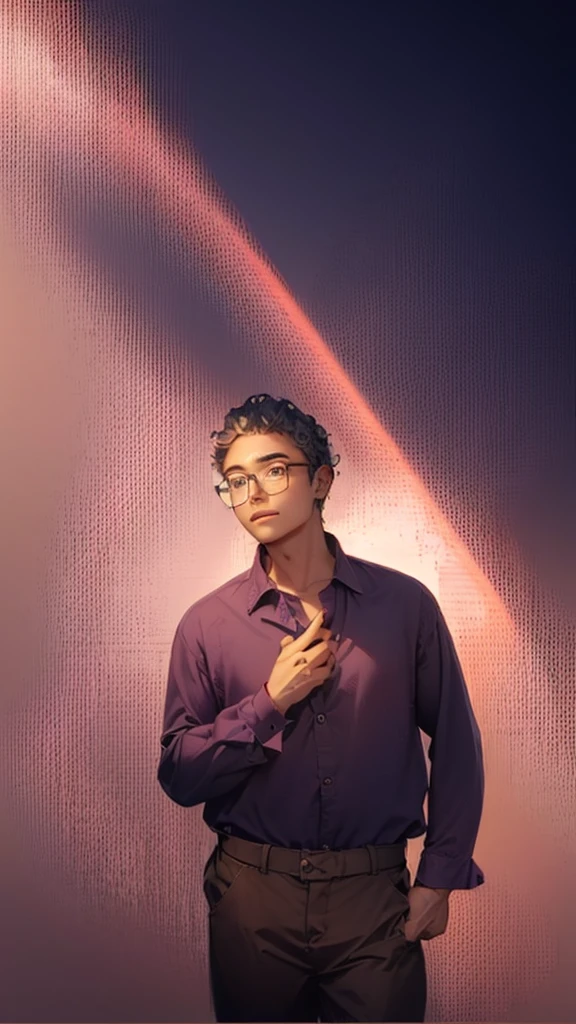 man, glasses, curly hair, purple shirt