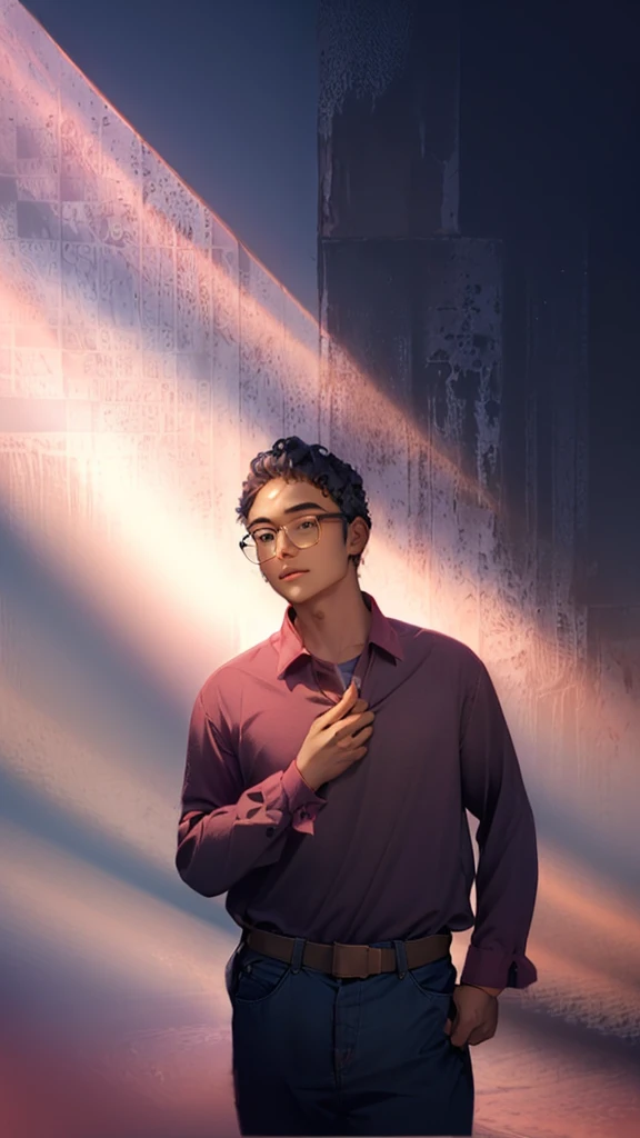 man, glasses, curly hair, purple shirt