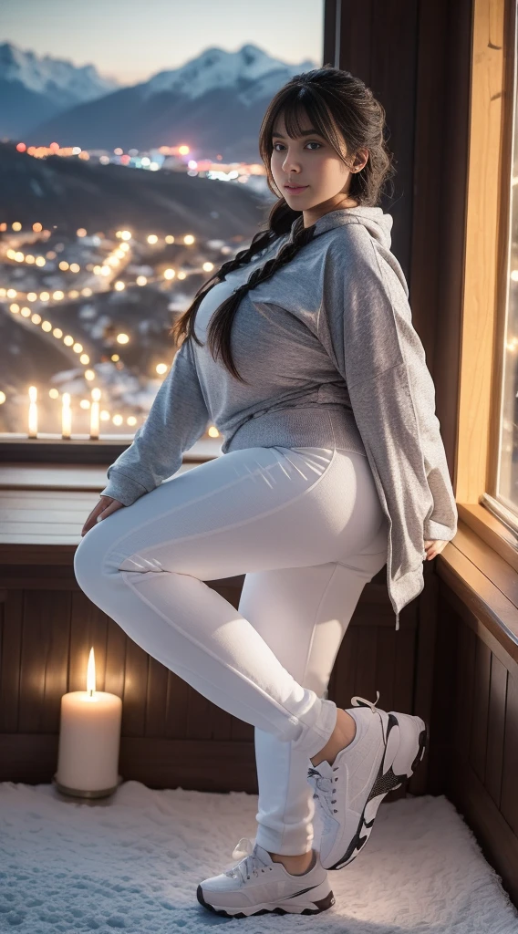 Beautiful sensual woman with a curvy body, long hair, bangs, french braid, wide waist, fitting breasts, curvy accentuated booty, sparkling eyes, long eyelashes, Strong calves, shy Look, taniaayusiregar, She wears a hoodie, leggings, sneakers, sitting on the edge of the bed in a bedroom of a Mountain hut, looking out the window, evening in Winter, photorealistic, Masterpiece, bokeh, Volumetric lighting, winter season atmosphere, full body shot from the side