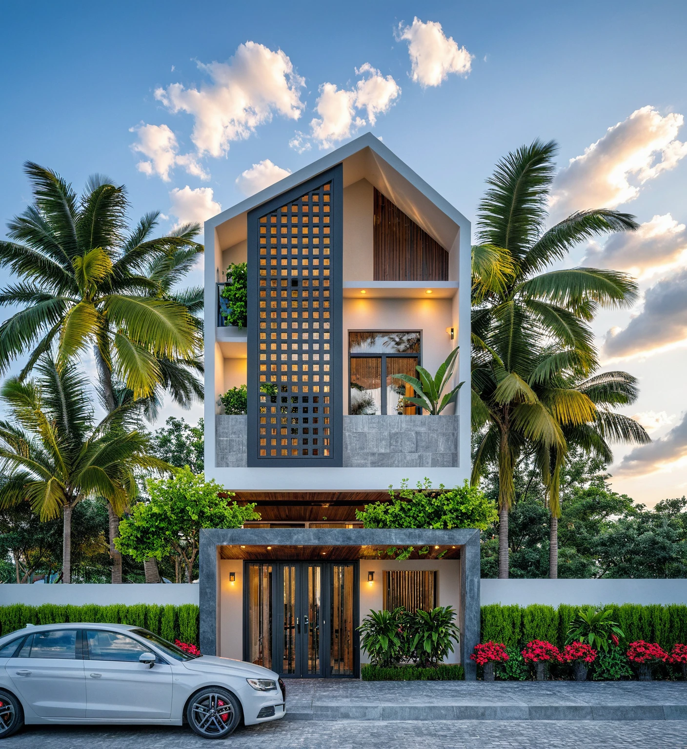 Masterpiece, high quality, best quality, authentic, super detailed, outdoor, aiaigroup, modern 2-storey townhouse style, stairs, white walls combined with conwood, wind encaustic tiles, iron gate, ceiling conwood, flowers, path, summer evening, grass, trees, sky, clouds, (daylight: 1.1)