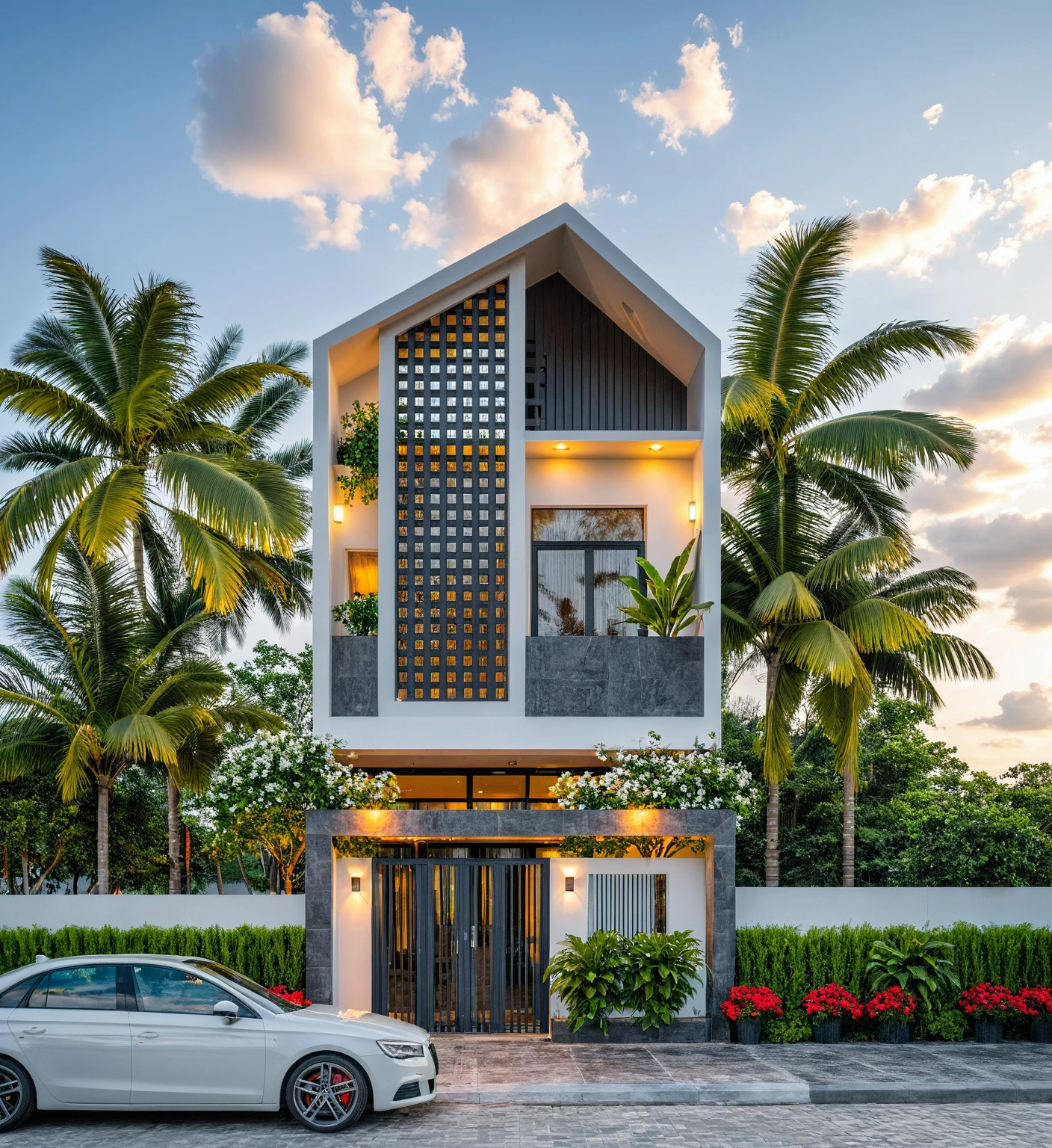 Masterpiece, high quality, best quality, authentic, super detailed, outdoor, aiaigroup, modern 2-storey townhouse style, stairs, white walls combined with conwood, wind encaustic tiles, iron gate, ceiling conwood, flowers, path, summer evening, grass, trees, sky, clouds, (daylight: 1.1)