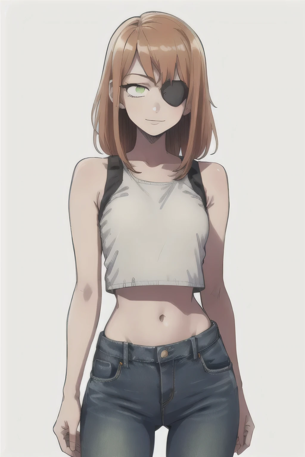 (masterpiece, Best quality, a high resolution:1.4), detailed, complex parts, 4K,
cz2128 delta, green eyes, eye patch, 1 Girl, throw in a crop top and jeans, front, close, I look at the viewer, parted lips, A slight smile,
 