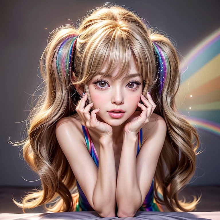NSFW, 8k, High-level, absurd, masterpiece, best quality, primitive, very detailed CG, very detailed wallpaper, perfect lighting, Extremely detailed (((The personifying " Farrah Fawcett Majors " as a Little Girl))), MysticSight, Tyndall effect, Tyndall scattering, Studio gray background with (many Dazzling RainbowColor particles BokeH:1.28), (RoundlyButts, ThighGap), (Exposed:0.4), (Assfocus with looking ahead), BREAK (NOGIZAKA face variations) Extremely Detailed very KAWAII face variations, perfect anatomy, Childish, captivating gaze, elaborate detailed Eyes with (sparkling highlights:1.28), long eyelashes、Glossy RED Lips with beautiful details, Coquettish tongue, Rosy cheeks, Radiant PearlSkin with clear transparency . { (Dynamic LifeLike expressions:1.4) | :d) }, (large eyes:-1) .