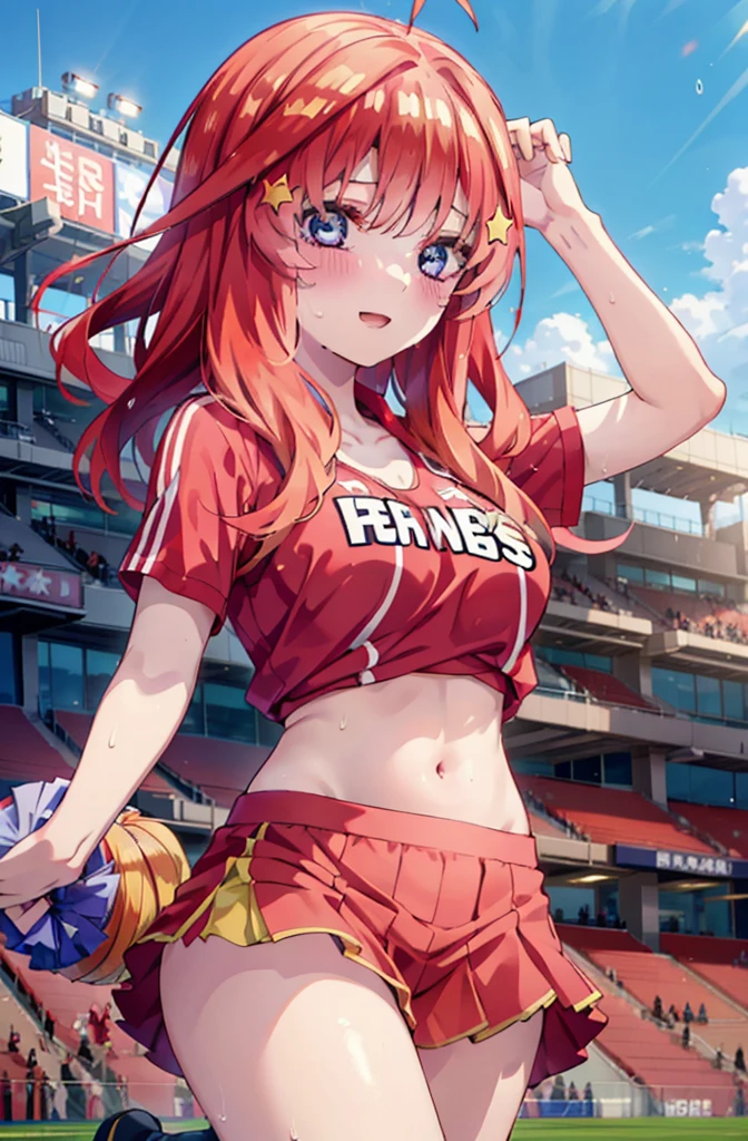 itsukinakano, Itsuki Nakano, bangs, blue eyes, hair between eyes, Ahoge, Redhead, star \(symbol\), happy smile, smile, Open your mouth,hair ornaments, star hair ornaments,(cheer leading), (whole body), Big Breasts, Lower, (Sweaty), Sweaty Wet Clothes (Red clothes),  No sleeve,Belly button support, playground, (Jump), (Jump), 足を曲げてJumpする, air, blue sky, Grass原, smileのチアリーダー, Pom-pom \(cheer leading\), Grass, whole bodyがイラストに入るように,
break outdoors, Stadium,
break looking at viewer, whole body,
break (masterpiece:1.2), Highest quality, High resolution, unity 8k wallpaper, (shape:0.8), (Fine and beautiful eyes:1.6), Highly detailed face, Perfect lighting, Highly detailed CG, (Perfect hands, Perfect Anatomy),