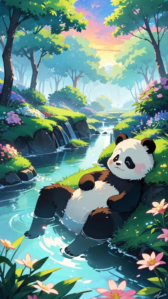  An adorable panda resting by a clear stream, colorful flowers in the background, with a beautiful sunset sky. Ghibli-style trees and foliage, Makoto Shinkai's signature lighting effects. Peaceful and heartwarming scene, highly detailed, hd quality, natural look 