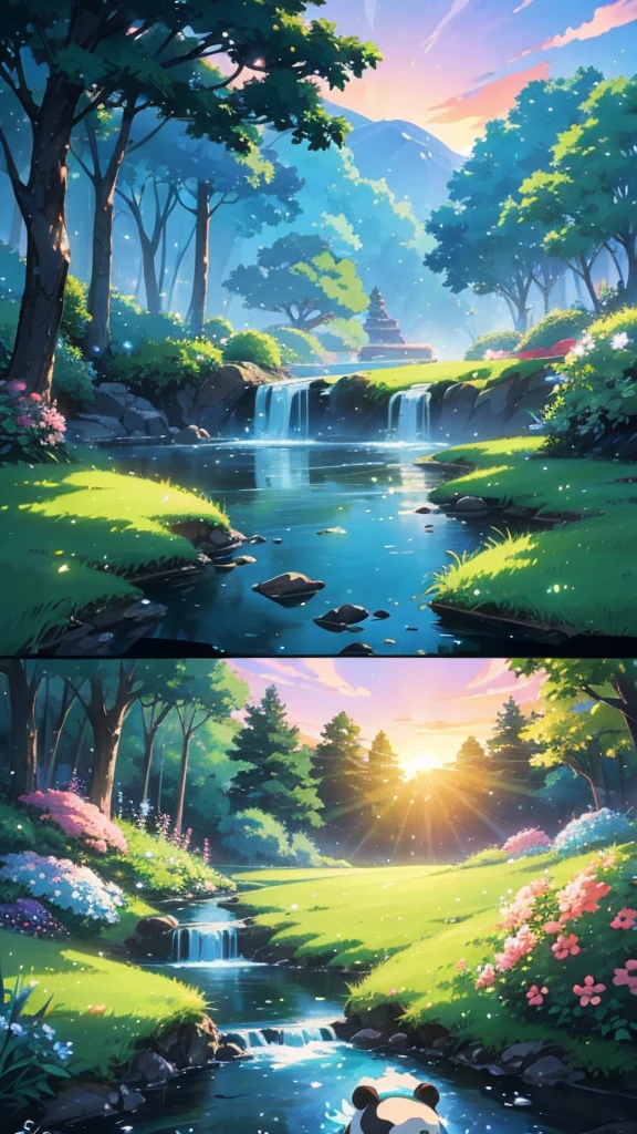  An adorable panda resting by a clear stream, colorful flowers in the background, with a beautiful sunset sky. Ghibli-style trees and foliage, Makoto Shinkai's signature lighting effects. Peaceful and heartwarming scene, highly detailed, hd quality, natural look 