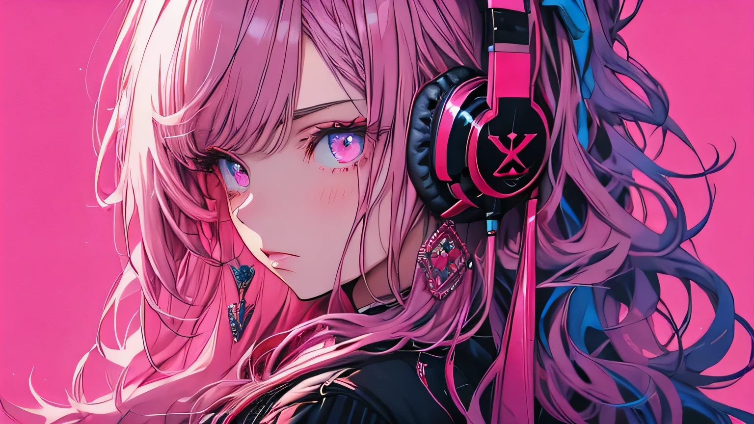 Red Flow, 1 Girl, alone, Long Hair, Looking at the audience, Blue Eyes Background, White Background, jewelry, Mouth closed, Jacket, Upper Body, Pink Hair, Earrings, Pink Eyes, necklace, From the side, sweater, lips, eyelash, Compensate, Wavy Hair, cross, lipstick, eye shadow, pink lips, Variegated eyes, Pink Theme, , pink eye shadow,Listening to headphones,Full body image,