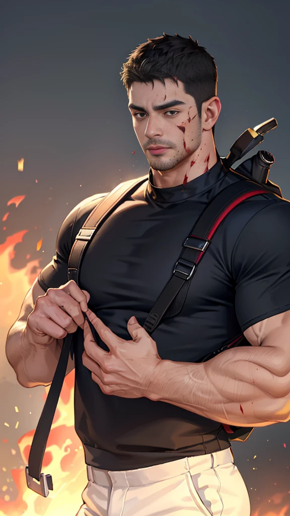 (Create a masterpiece: 1.2),(CGI art:1.3),(realistic:1.5),(After processing:1.3),(Sharp focus:1.3),1 man ,sunglass, straight, front ,Chris Redfield ,(black hair), smile open mouth, (Wear color navy round neck T-shirt with a Police badge: 1.2), navy cargo, , (wound: 1.1) , (blood splatters) ,( abrasions on face: 1.3), (Blood stains on the face and body: 1.3), Korean guy , korean men, (High gloss details), chest muscles, large arm muscles, blood vessel, Big muscles, Broad shoulders, looking at the audience, Balancing the eyes, middle of the road , (Carrying a black backpack: 1.3) ,(Fire blazes behind)