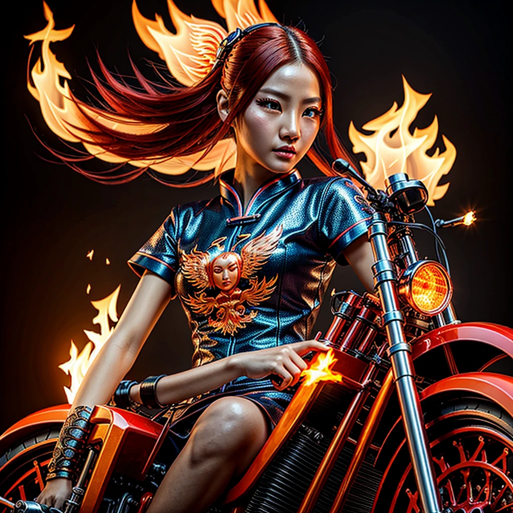 a beautiful chinese girl, floating fiery hair, riding chopper motorcycle, emitting sacred flame, detailed realistic face, beautiful eyes, long eyelashes, detailed lips, detailed skin, detailed outfit, detailed motorcycle, dramatic lighting, cinematic composition, 8k, high quality, photorealistic, hyper detailed, vibrant colors, fantasy, mystical, magical realism