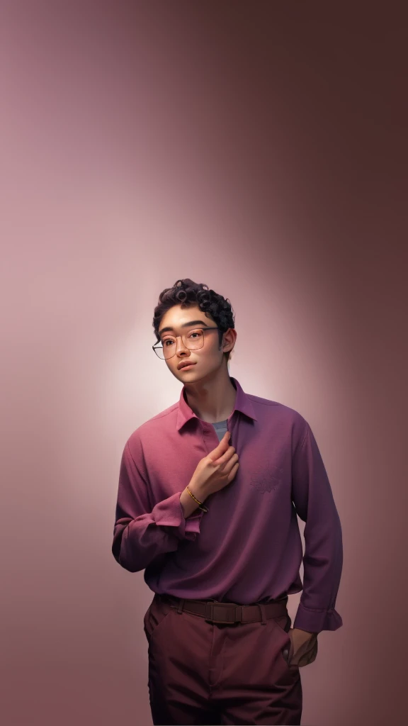 man, glasses, curly hair, purple shirt